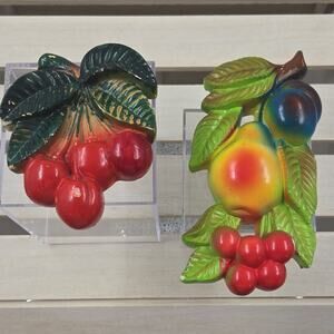 Vintage set of 2 chalk ware Fruit Wall Plaques Cherries & Mixed Fruit